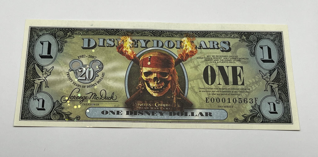 Disney Dollars Pirates of the Caribbean 2-Bills With Envelope Twenty Years of Disney Dollars