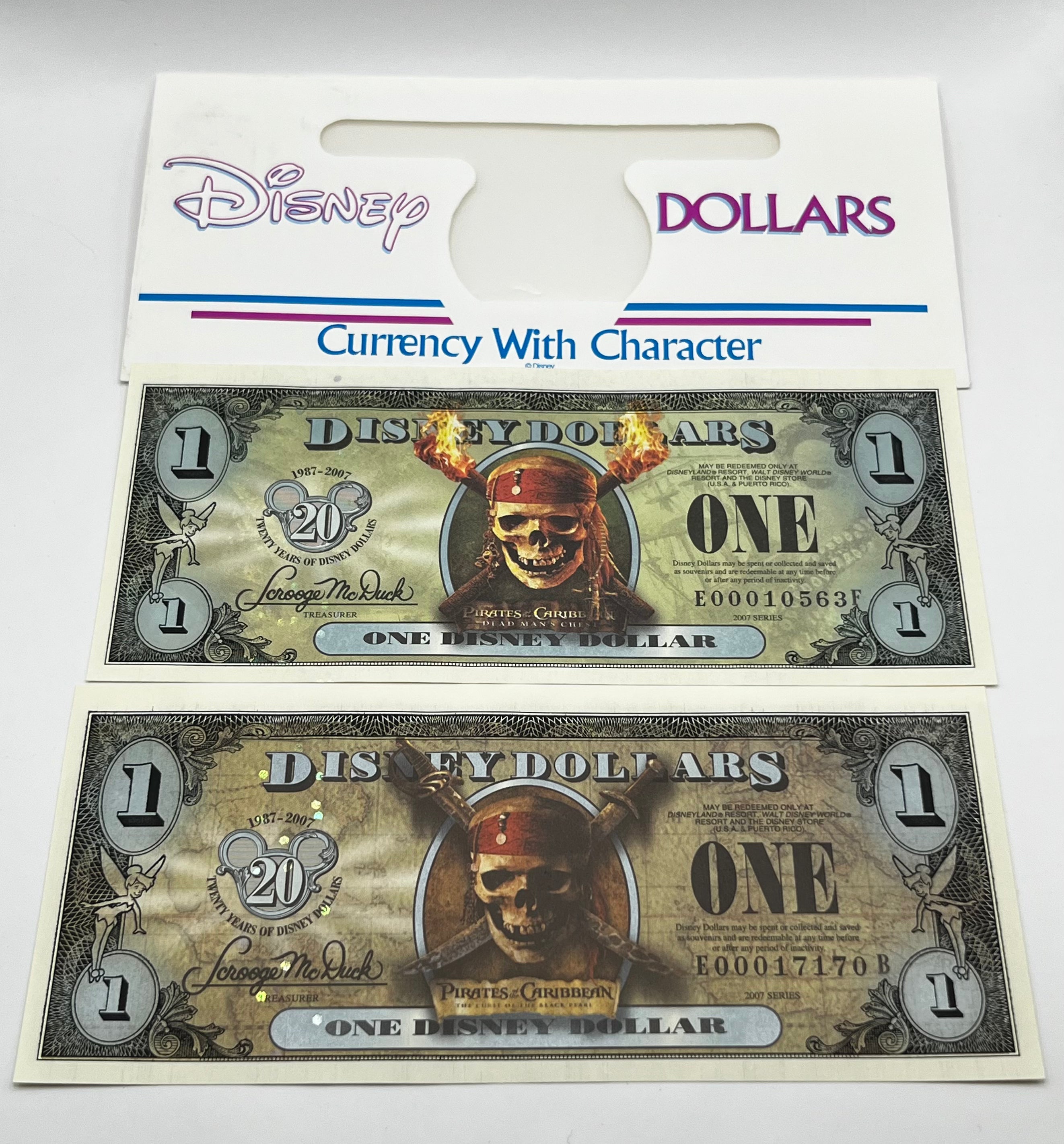 Disney Dollars Pirates of the Caribbean 2-Bills With Envelope Twenty Years of Disney Dollars
