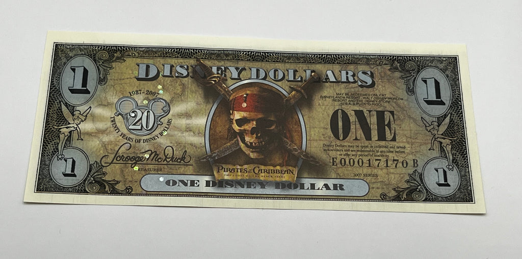 Disney Dollars Pirates of the Caribbean 2-Bills With Envelope Twenty Years of Disney Dollars