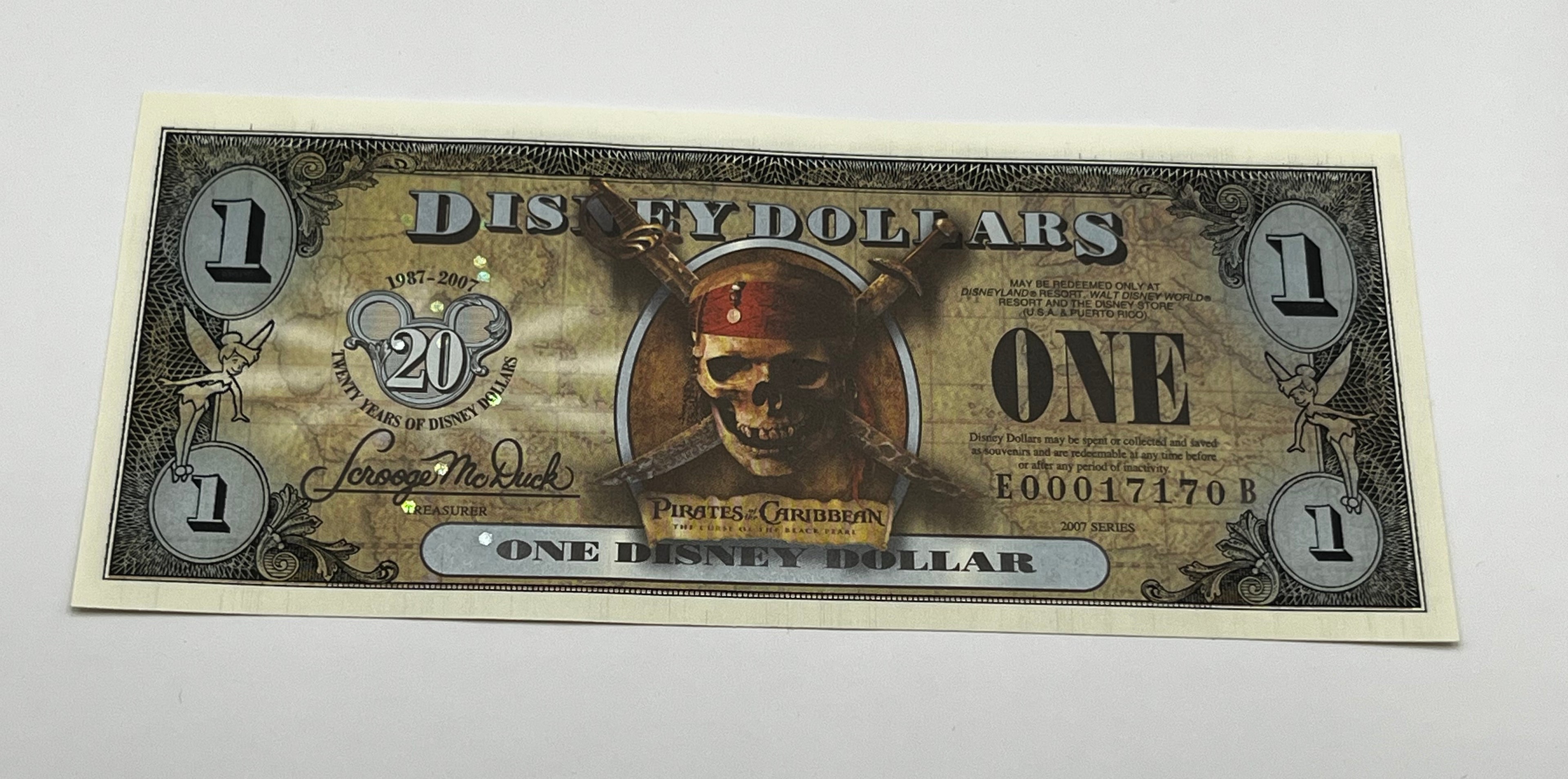 Disney Dollars Pirates of the Caribbean 2-Bills With Envelope Twenty Years of Disney Dollars